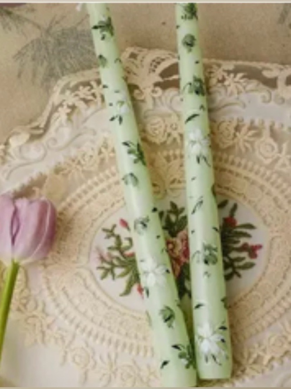 Hand-Painted Light Green Floral Taper Candles - Decorative Set